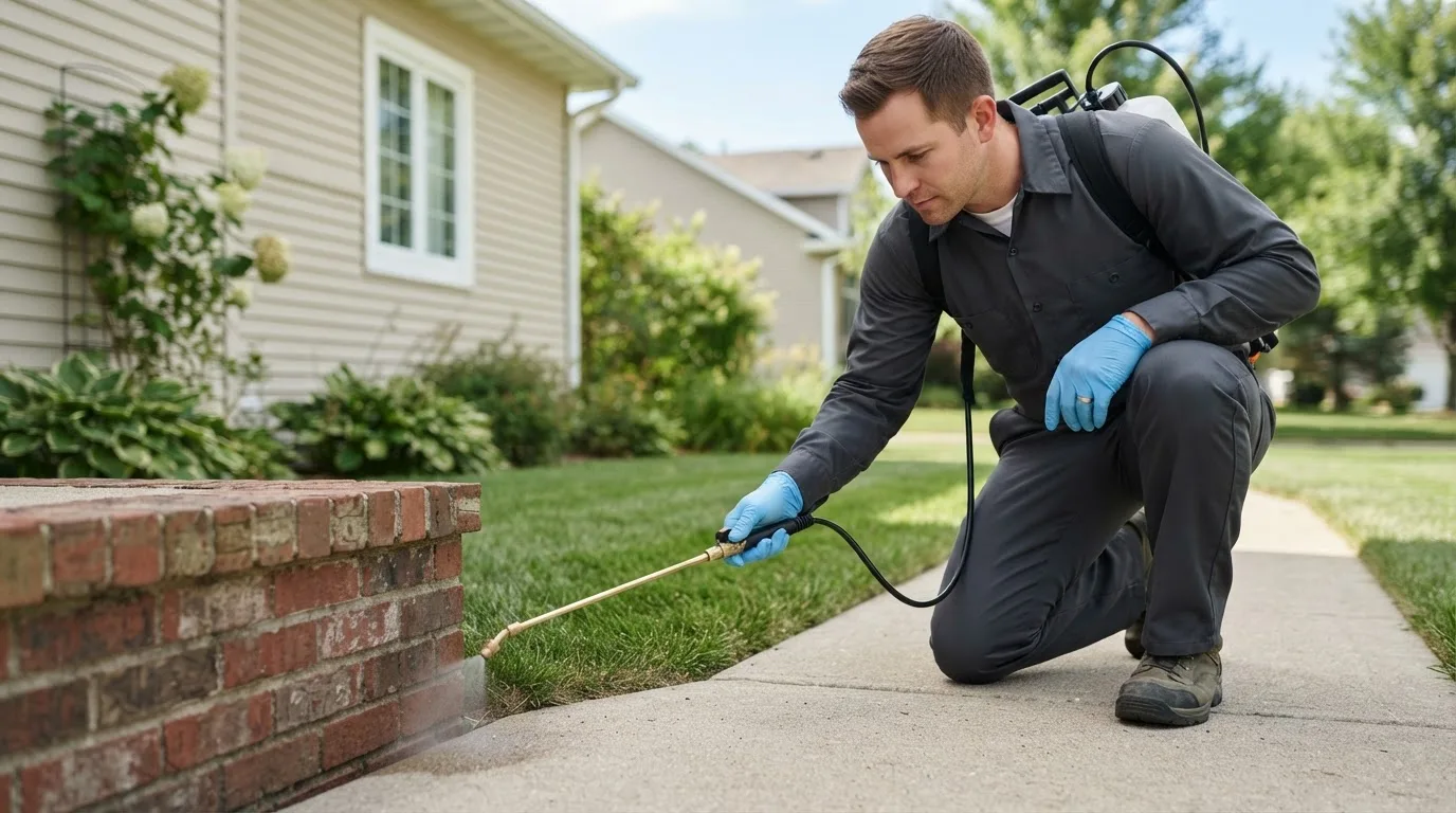 Pest control technician treating a home near Marine City, MI